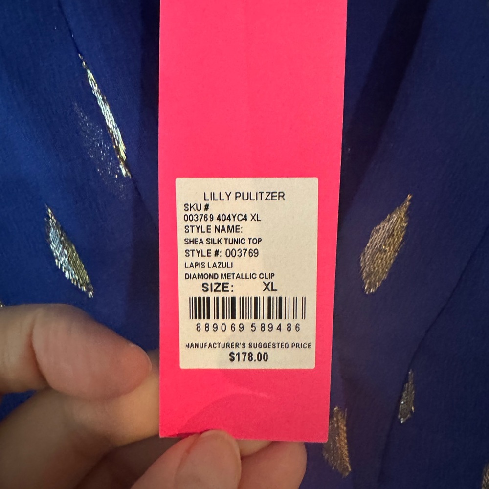 Lilly Pulitzer NWT Shea Silk Top in Lapis Lanai diamond metallic clip Sz XL - Picture 2 of 7